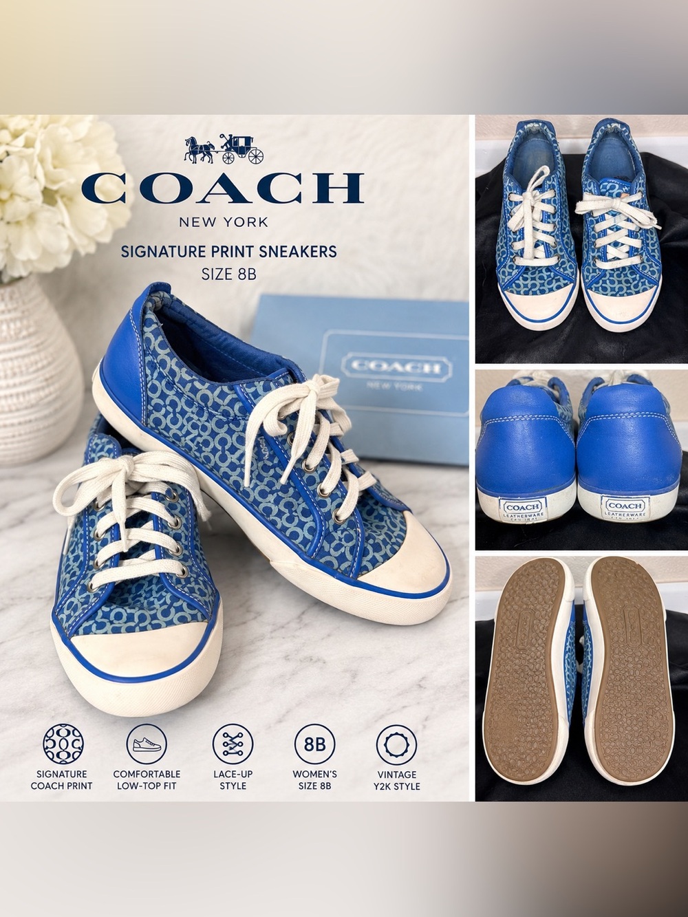 Coach Blue Signature Print Lace-Up Sneakers Size 8B Y2K Canvas Shoes
